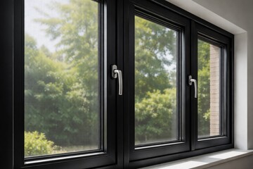 Fototapeta premium Black PVC framed windows equipped with fine mesh mosquito screen