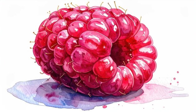 Watercolor painting of a single ripe raspberry with glistening drupelets and leaves isolated on white