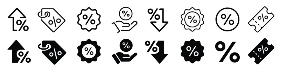 Set of percentage and discount icons including tags price labels and percentage signs. © Hemo
