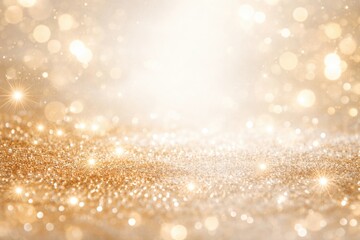 Fototapeta premium Detailed close up of radiant golden sparkles on a soft white toned background with space for text