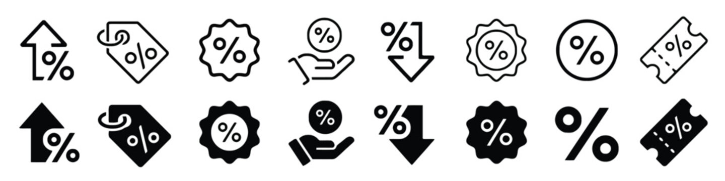 Set of percentage and discount icons including tags price labels and percentage signs.