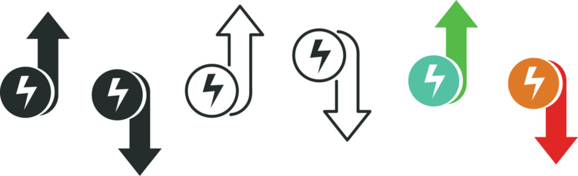 Electric power vector icon set representing energy increase and decrease indicators.