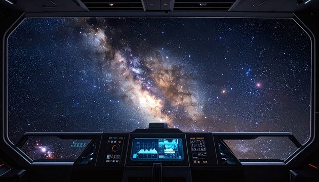 Experience the ultimate frontier from a futuristic spaceship cockpit. A breathtaking view of the radiant galaxy represents deep space exploration, advanced technology, and cosmic travel.