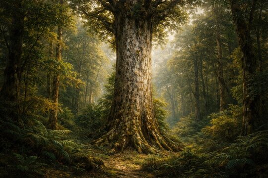 Detailed oil painting of a towering kauri tree within verdant forest