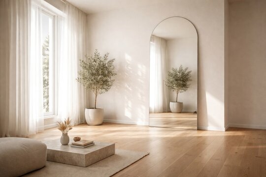Light flooded minimalist space with wooden floor finish and a tall reflective mirror