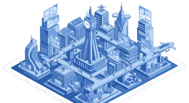 Isometric cityscape illustration with iconic landmarks and modern architecture showcasing urban development and global connectivity