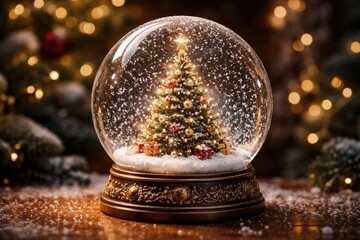 Fototapeta premium Decorative snow globe containing a small Christmas pine tree and floating snow