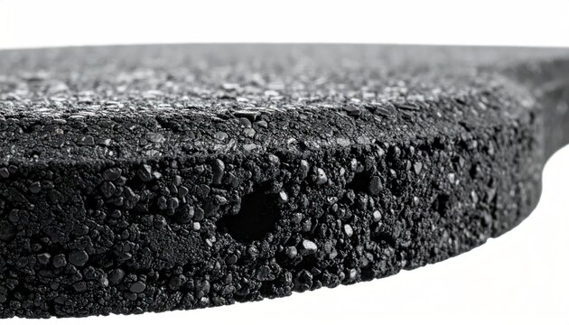 Close-up macro shot of rough asphalt texture with gravel aggregate isolated black surface