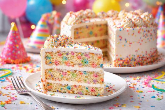 Colorful funfetti cake with thick frosting and rainbow sprinkles sliced and set for tasting