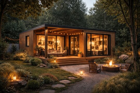Cozy small modular cabin for family retreats offering versatile space in suburban surroundings