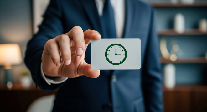 Time management reminder for workplace scheduling, deadline control and appointment planning, showing a manager presenting a clock icon for productivity training and task prioritization