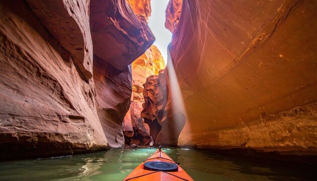 Kayaking through a narrow desert slot canyon with dramatic sunbeams illuminating the water and sandstone walls