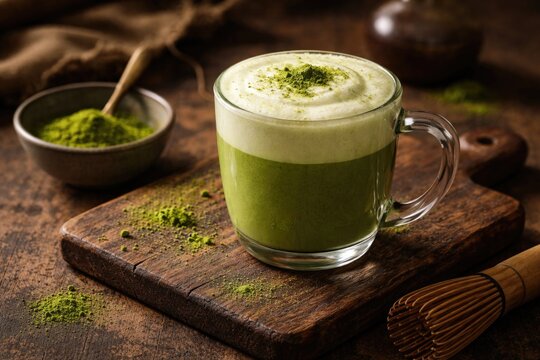 Hot matcha latte with frothy top displayed on a vintage wood board