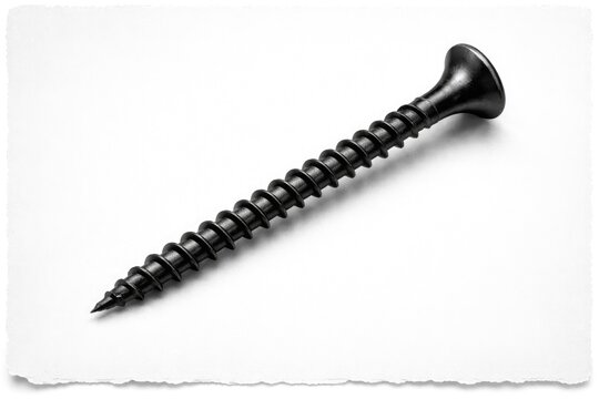Black metal screw in diagonal orientation on pure white background with selvage trim and empty text space