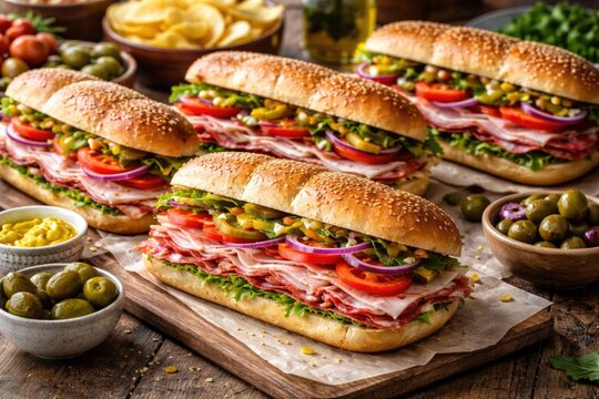 Appetizing hoagie sandwiches laid out on a farmhouse style table with detailed focus