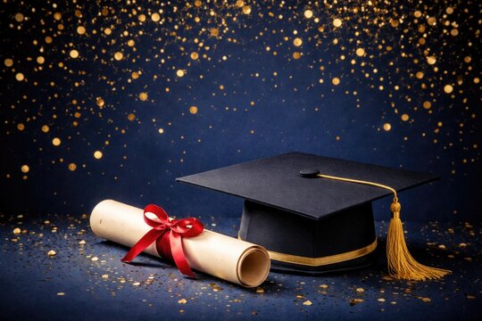 Navy blue backdrop adorned with gold confetti hosting a graduation cap and diploma for personalized invitation text