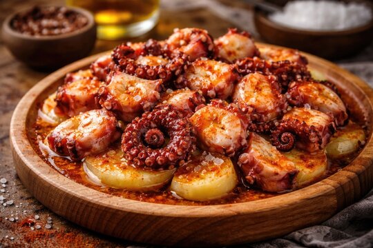 Classic Galician octopus dish garnished with coarse salt and paprika