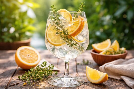 Crisp summer gin spritz cocktail with lemon thyme and citrus zest