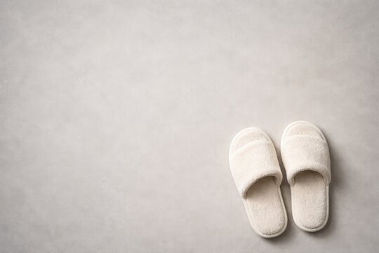 Copy space layout showing a pair of comfortable slippers resting flat on a smooth pale grey textured background with text area