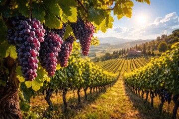 Obraz premium Scenic vineyard landscape with ripe grape clusters under a sunny sky