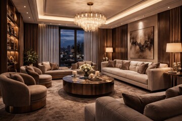 Fototapeta premium Luxury living room design incorporating plush seating and ambient lighting