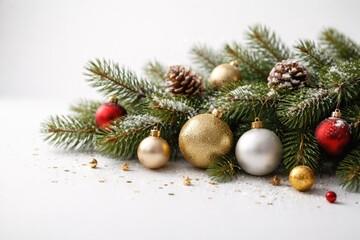 Fototapeta premium Holiday pine branch with baubles on minimalist white studio background
