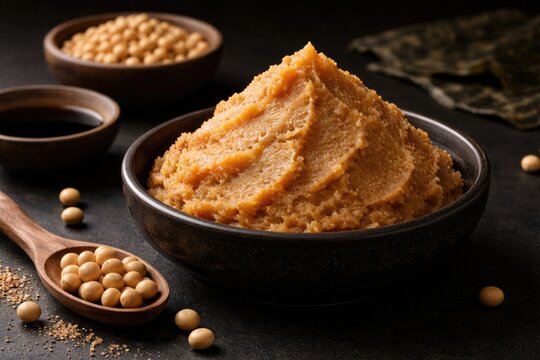Creamy traditional soybean miso displayed on matte black surface
