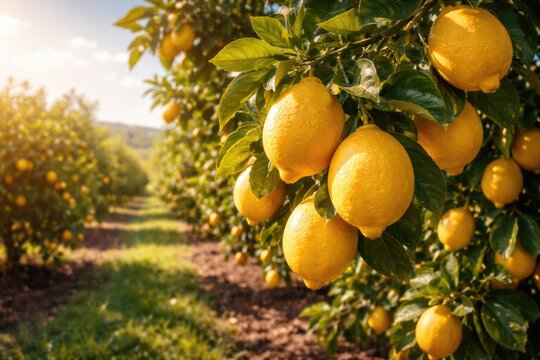 Bright lemon fruits ready for picking on tree in sunny agricultural field