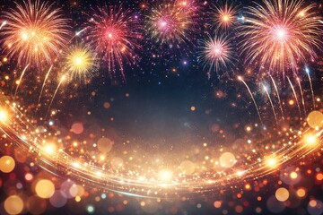Fototapeta premium Dynamic holiday fireworks over decorative abstract backdrop with copy space