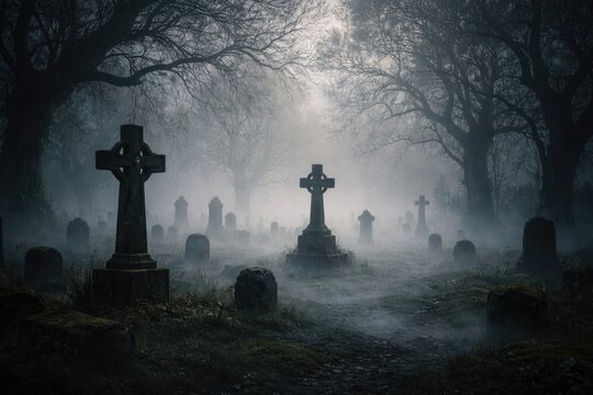 Enveloping mist covers archaic graveyard with spooky trees and towering crosses on grassy field