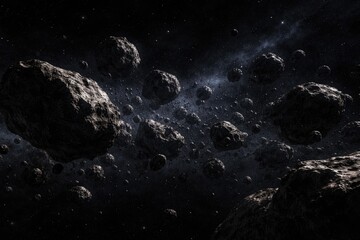 Fototapeta premium Asteroid cluster depiction with a stark black cosmic backdrop