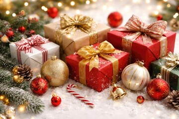 Obraz premium Holiday themed ornaments alongside beautifully wrapped gifts on a bright surface