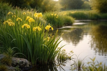 Obraz premium Lush yellow Iris pseudacorus plants growing along a natural pond edge