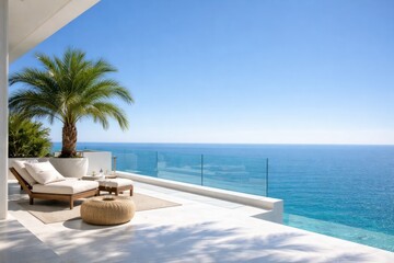 Obraz premium Elegant coastal terrace with potted palm tree, white flooring, ocean vista and cloudless blue sky copy space