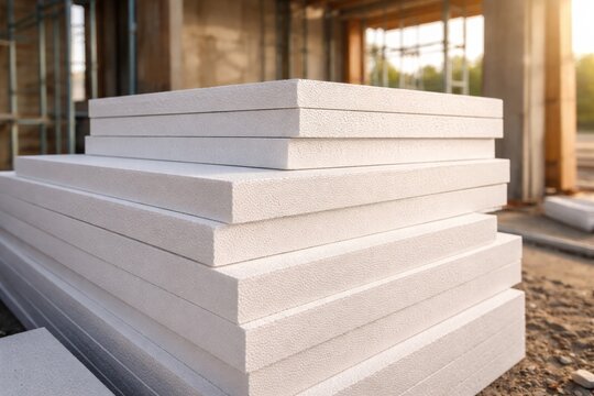 Building insulation layers made from stacked styrofoam sheets in construction setting