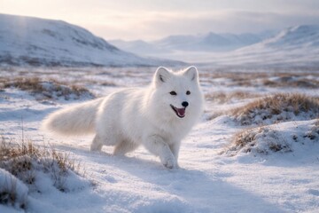 Fototapeta premium Happy Arctic fox pet exploring full length snowy tundra scene