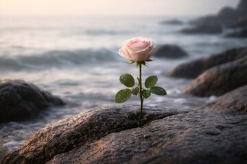 Obraz premium lone rose flower positioned on stony coastline with soft water backdrop