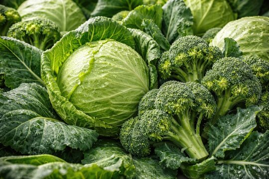 Green cabbage family vegetable with fresh broccoli flowers and organic leaves