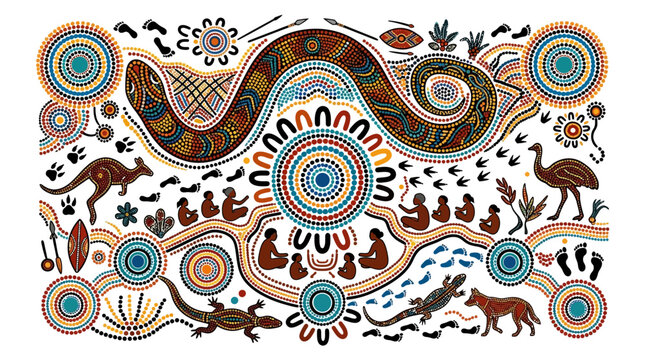 An intricate aboriginal dot painting features a large rainbow serpent surrounded by kangaroos emus people and various native wildlife symbols arranged in a detailed circular tribal pattern.
