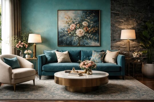 Chic living room setting with turquoise painted wall and dark blue stone background including floral touches and lamp chair