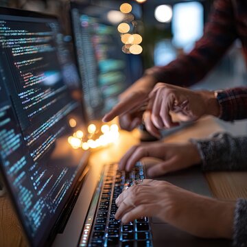 Software developer programming code on laptop computer in modern office with bokeh lights - coding and web development concept
