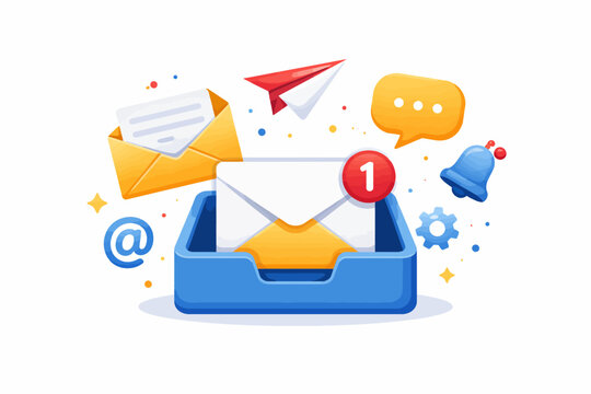 Email notification with inbox, paper plane, and message icons on white background