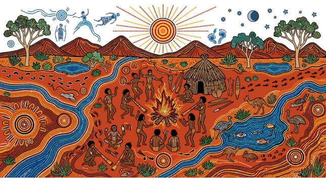 Traditional aboriginal people gather around a warm glowing campfire while playing music with wooden didgeridoos to celebrate their unique culture in an ancient and vibrant artistic style.