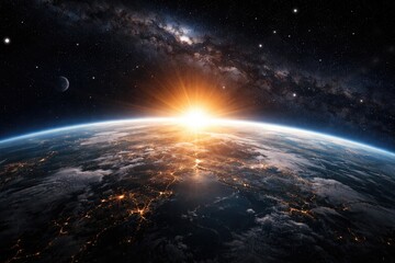 Fototapeta premium Orbital perspective showing a luminous planetary sunrise with surrounding space