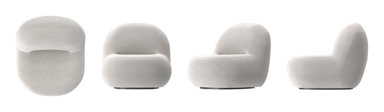 Modern boucle armchair with rounded silhouette and swivel base