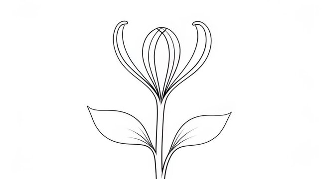 Elegant line art animation showcasing the progressive blooming of a stylized flower from a closed bud to a fully opened blossom with detailed petals and leaves against a clean