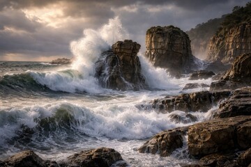 Fototapeta premium Dynamic oceanfront featuring large rock structures and intense wave energy signaling erosion vulnerability