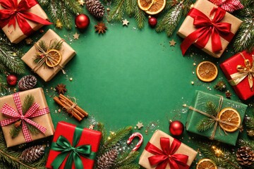 Obraz premium Creative overhead of wrapped gifts, pine leaves, and Christmas decorations on vivid green surface including copy space