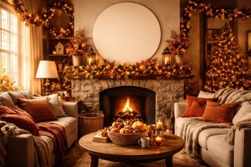 Obraz premium Autumn inspired cozy residence shot with festive ornaments and round blank space
