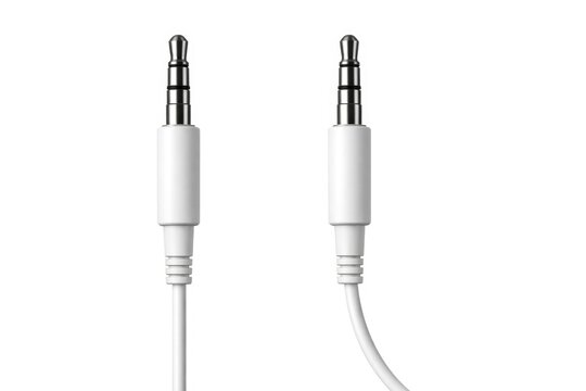 Isolated front and side view of white headphone jack connector and cable against white background for product showcase